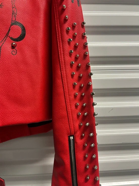 Red Studded Leather Jacket Sleeve Detail - Picture 3 of 10